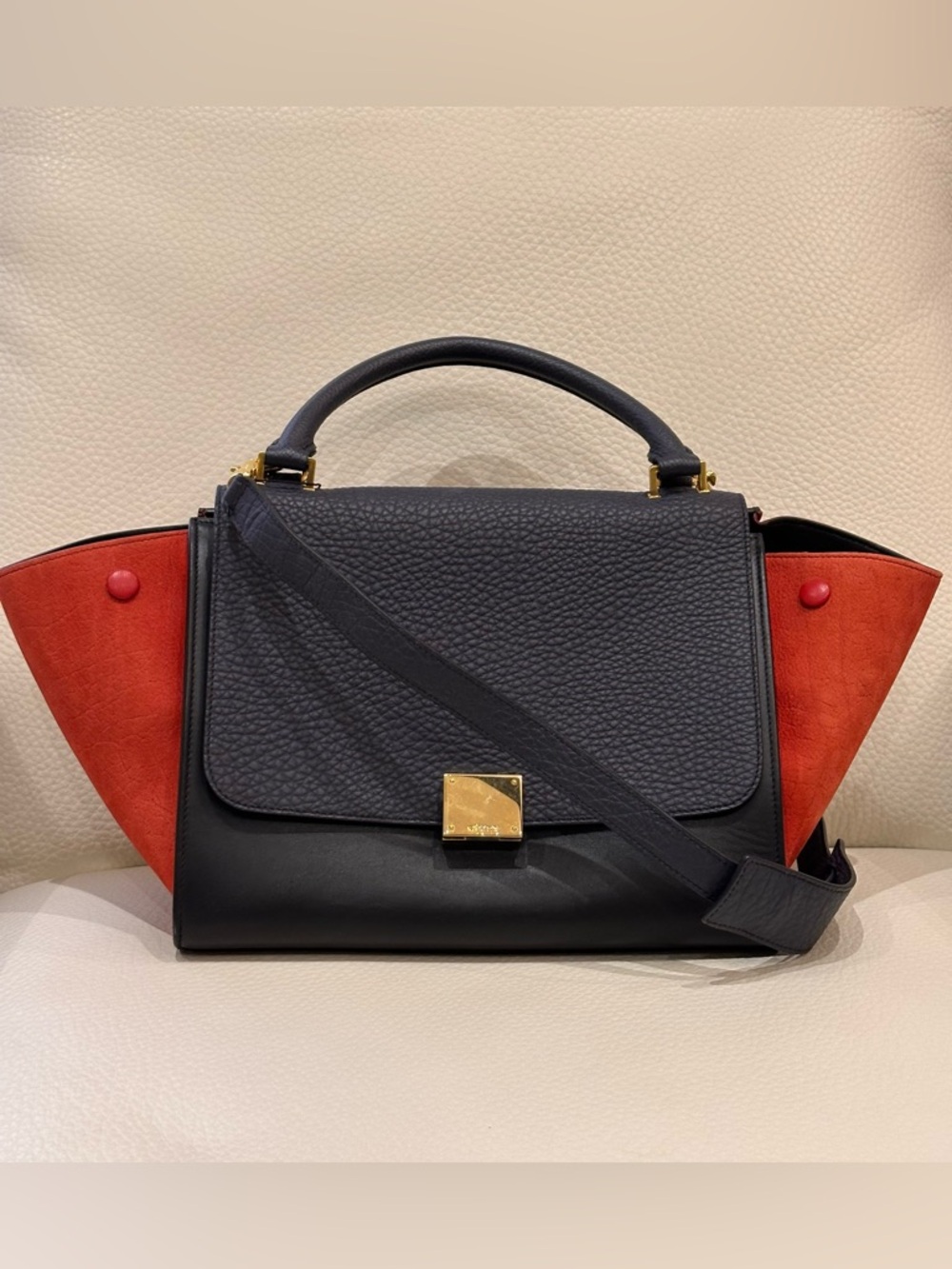 Celine Tricolor Trapeze Satchel in Black, Navy & Red /Size Small - Picture 2 of 15